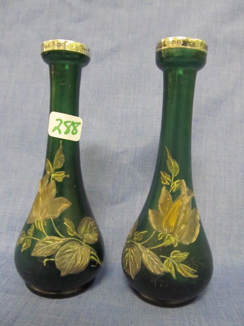 Great pair of 5" hand enameled bud vases- iridized: Great pair of 5" hand enameled bud vases- iridized w/English hallmarks. Probably in the Loetz family