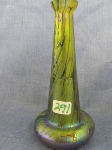 Loetz 5 1/2" iridized amber vase-bacillus. Tiny ni: Loetz 5 1/2" iridized amber vase-bacillus. Tiny nip on top rim