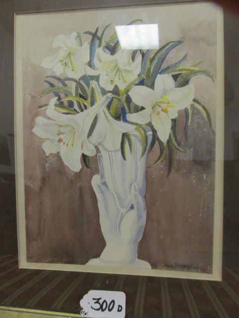 Rare Jane Peterson water color of hand vase and E: Rare Jane Peterson water color of hand vase and Easter lilies. Highly collected New York artist. When you see her work, you will know why! Water color measures 12 1/2" x 16"