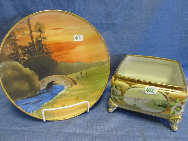 2 pieces hand painted Nippon-GWM-ferner & 8 1/2" p: 2 pieces hand painted Nippon-GWM-ferner & 8 1/2" plate