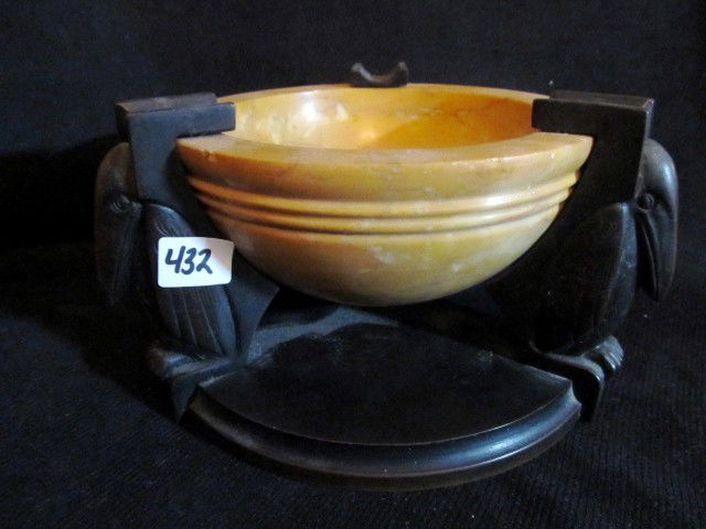 Art deco alabaster ashtray, mounted in bronze base: Art deco alabaster ashtray, mounted in bronze base with 3 "rook black birds". Super cool piece. Rare