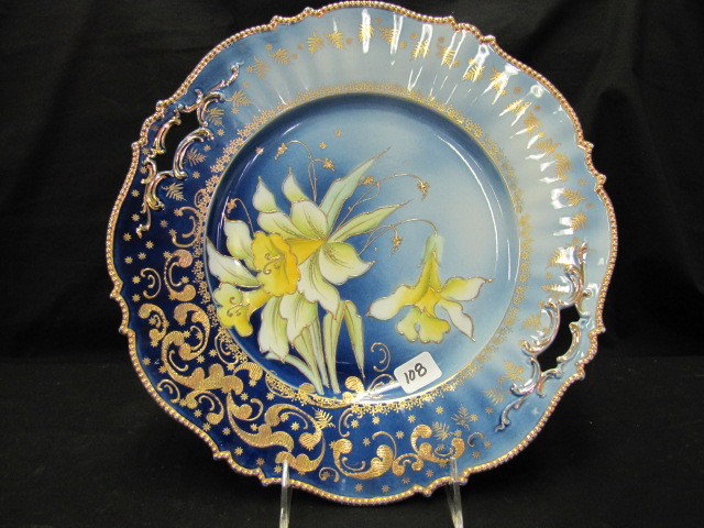 UM RSP 11" cobalt cake plate w/ jonquils decor mol: UM RSP 11" cobalt cake plate w/ jonquils decor mold 343. GREAT GOLD