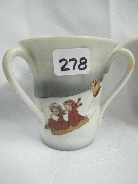 Royal Bayreuth Snow babies 4.5" 3 handle loving cu: Royal Bayreuth Snow babies 4.5" 3 handle loving cup