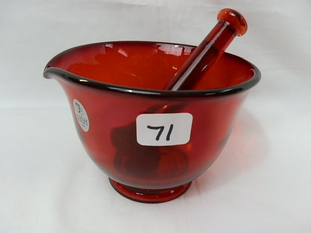 Fenton red Mortar & Pestle set. Made for Pharmacy C: Fenton red Mortar & Pestle set. Made for Pharmacy Co.