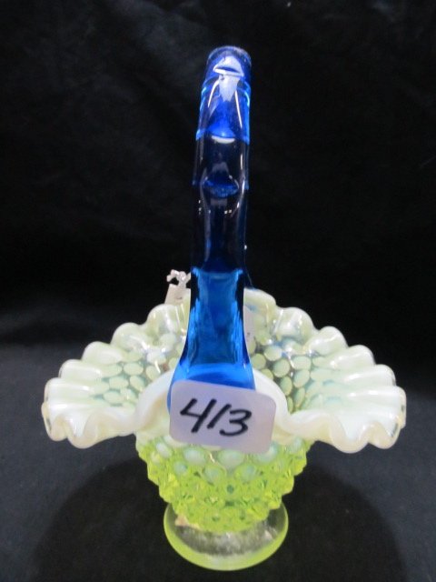 Fenton vaseline Hobnail small basket with cobalt b: Fenton vaseline Hobnail small basket with cobalt blue handle