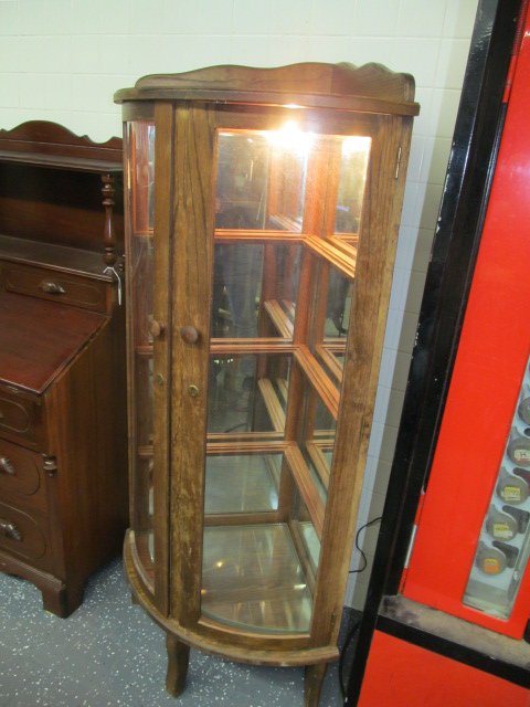 Mirror Back Lighted Oak Corner Curio Cabinet ~ Antique Mirror Back Lighted Oak Corner Curio Cabinet ~ - Mirror Back Lighted Oak Corner Curio Cabinet ~