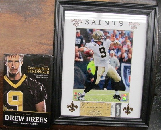 SPORTS MEMORABILIA ~ Framed New Orleans Saints Drew: SPORTS MEMORABILIA ~ Framed New Orleans Saints Drew Brees Photo w/Ticket Stub & Drew Brees Book Coming Back Strong