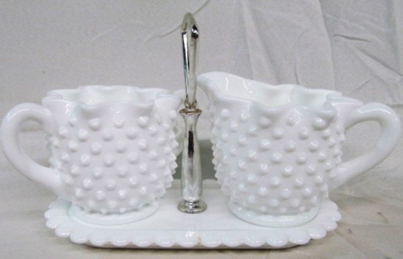 Fenton Milk Glass Hobnail Cream & Sugar on Handled: Fenton Milk Glass Hobnail Cream & Sugar on Handled Carrier