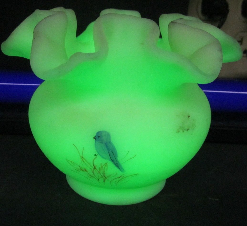 Fenton Hand Painted & Signed Ruffled Vaseline Vase (1 of 10)