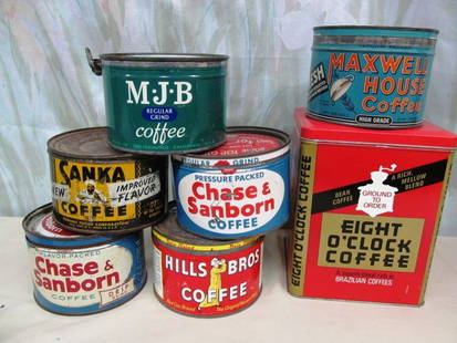 Lot of 7 Vintage / Antique Metal Tin Coffee Cans ~ Some: Lot of 7 Vintage / Antique Metal Tin Coffee Cans ~ Some Very Rare ~ MJB ~ Sanka ~ Chase & Sanborn ~ Hills Bros ~ Maxwell House ~ Eight O'Clock