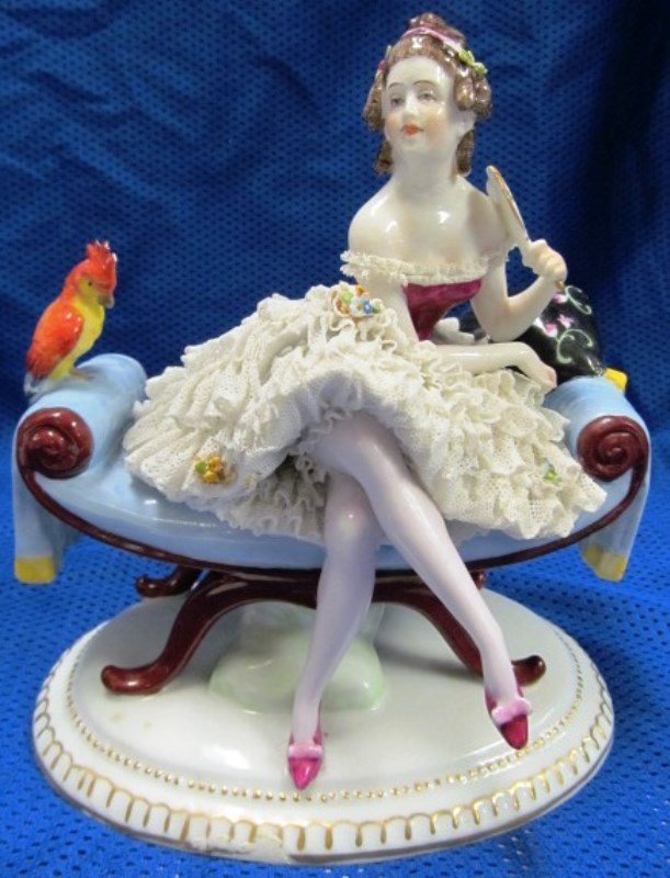 Dresden Germany Lacey Lady On Settee w/Parrot & Hand (1 of 10)