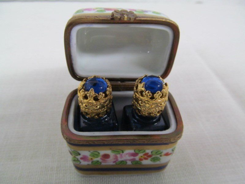 Signed Mini Limoges Porcelain Box w/2 Perfume Flasks (1 of 4)