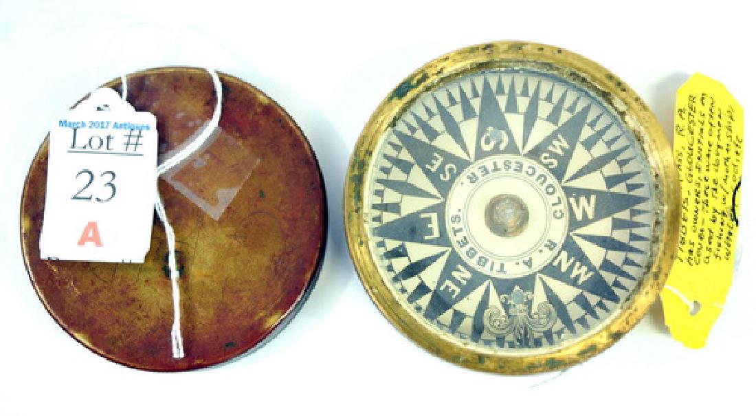 19th Century Dory Compass RA Tibbetts Gloucester: Used by Whaling Dory, has owners initials in top 3"