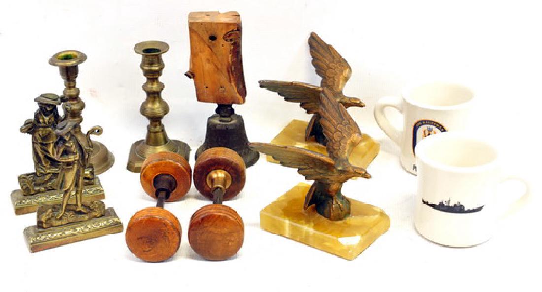 Misc. Estate Lot BIW Ship's Mugs, Candlesticks: Brass Candlesticks, Old Ship's Bell mounted to wood(small) eagle bookends with alabaster bases, colonial decor bookends and more