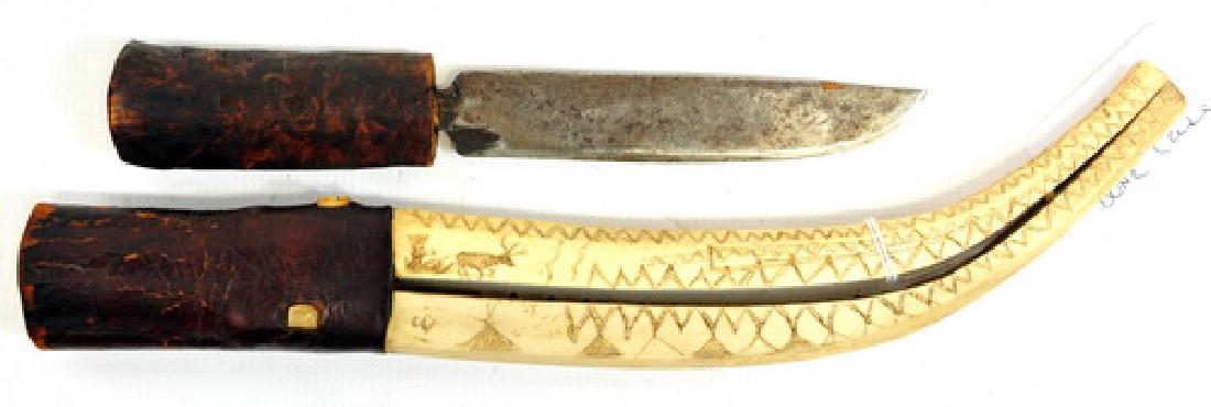 Antique Knife in Decorated Bone Case: Very Unusual scrimshaw bone decorated sheath, wood handle 15"