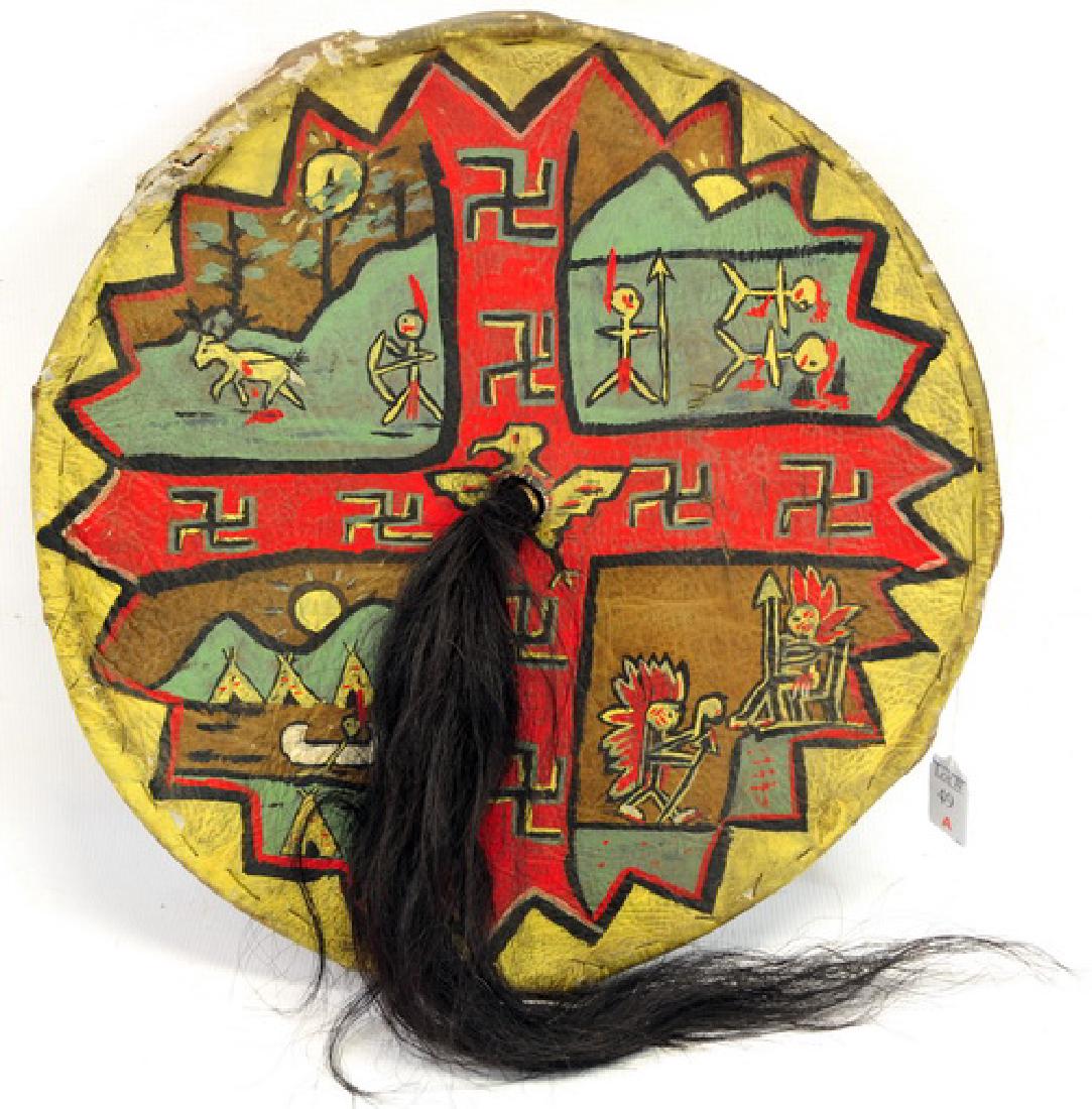 Antique Indian Decorated Rawhide Piece: With Pony Tail in center, hand painted rawhide 17" round