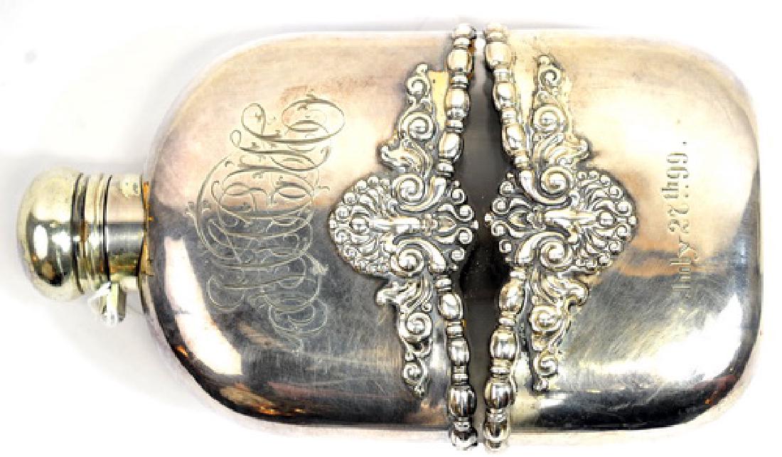 Exceptional Sterling Silver Over Glass Flask 1899: Marked July 27th 1899 6 1/2" monogrammed weighs 14 OZT with glass