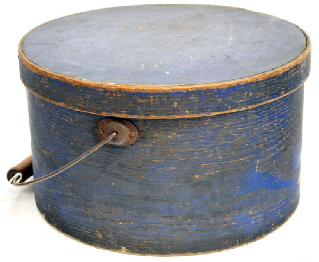 Antique Bail Handled Blue Painted Pantry Box: 11" Diameter, old Maine Fresh Estate Box