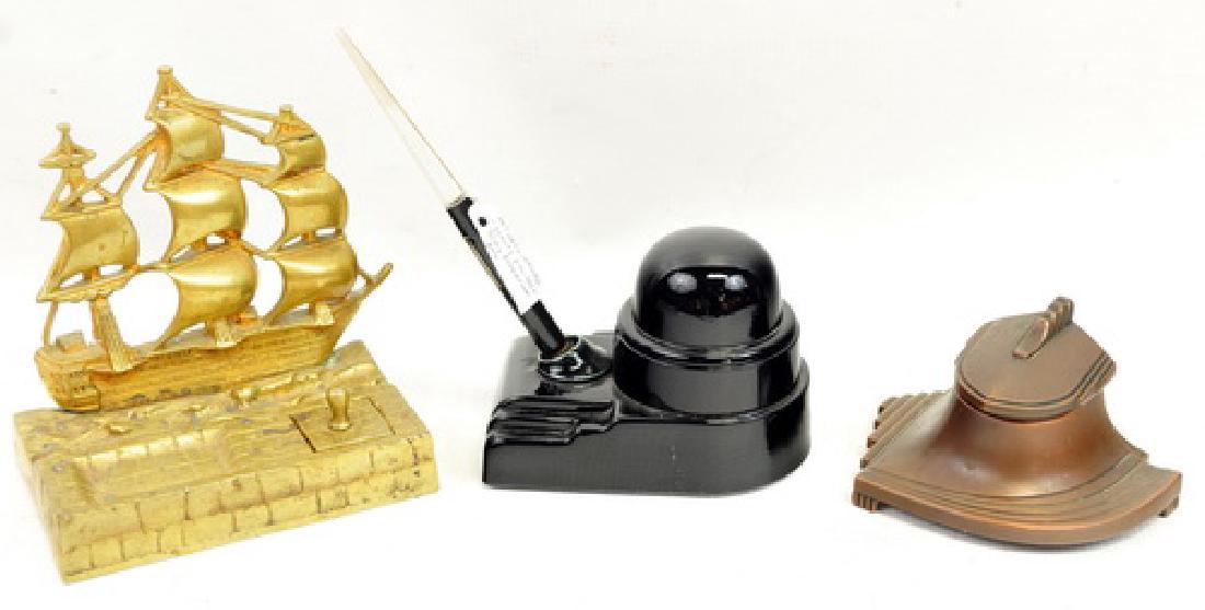 Three Antique Inkwells: Art Deco with pen, brass ship Made in England, and bronze deco