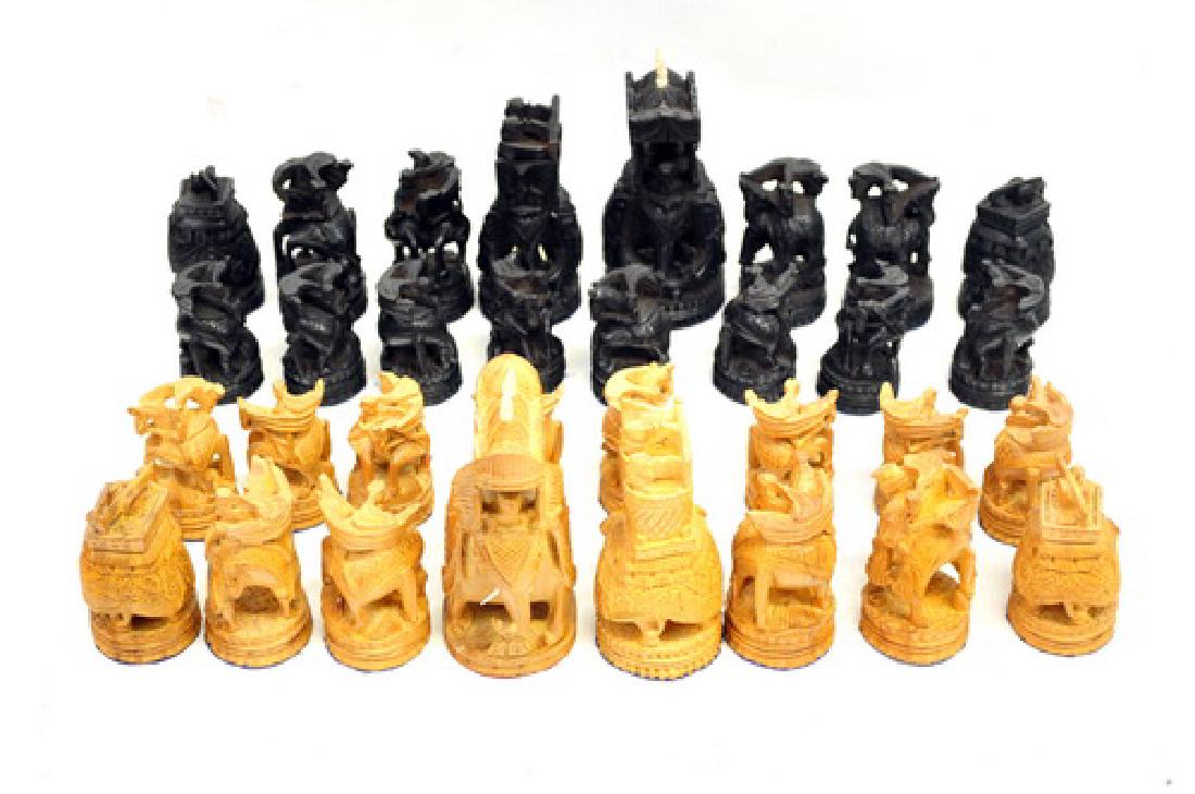 Vintage India Sandalwood Ebony Hand Carved Chess: set Pieces. used in good condition