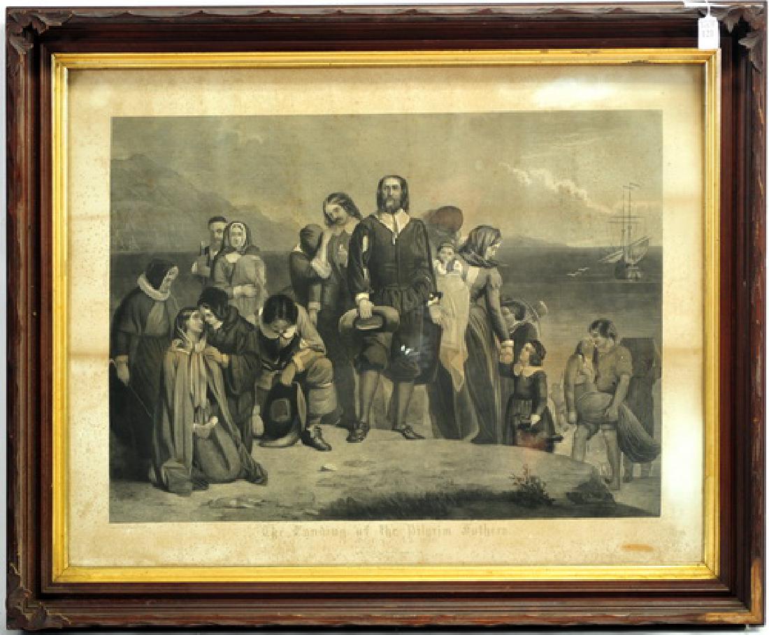 The Landing of The Pilgrim Fathers Engraving: Engraved by John C. McCrae, painted by Charles Lucy. Impressive size! 29" x 21" in deep walnut frame.