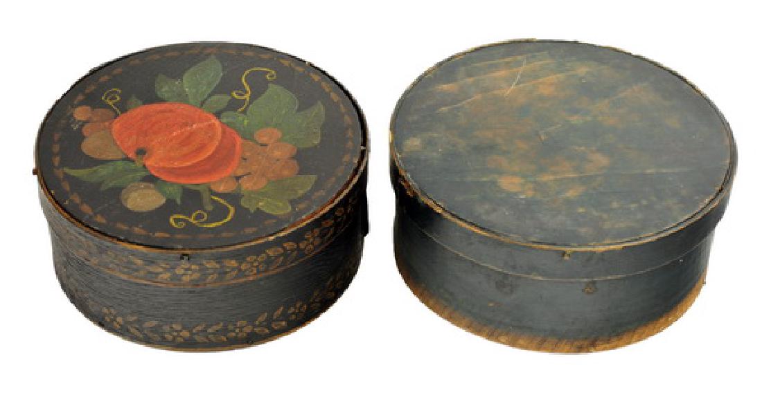 4 Antique Pantry Boxes: Old Paint, hand painted or stenciled, largest is 7"