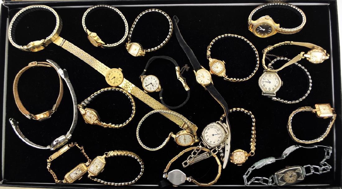 21 Vintage Ladies Wrist Watches: Including Gold Filled made by Avalon, Bulova, Elgin, Benrus, other makers include Waltham, Forest and others, some working