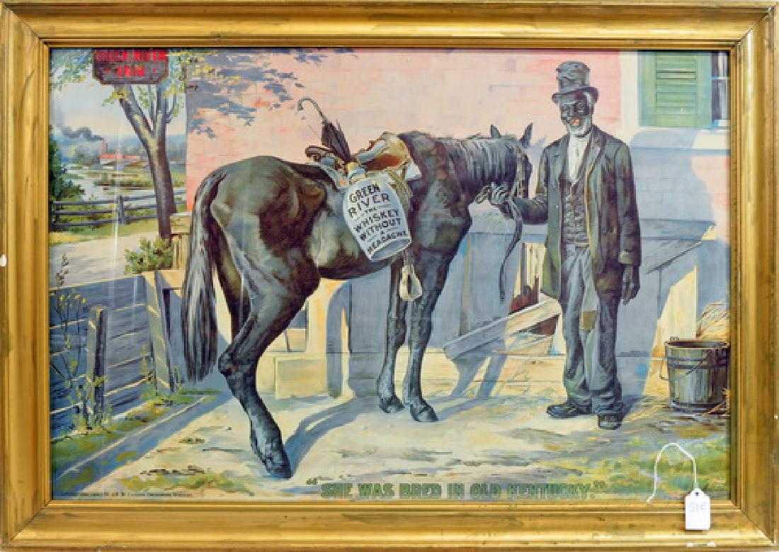Original 1899 Green River Whiskey Litho Ad Piece: Black Americana, measures 30x20, gold frame dated 1899 left corner JW McCulloch Owensboro Kentucky