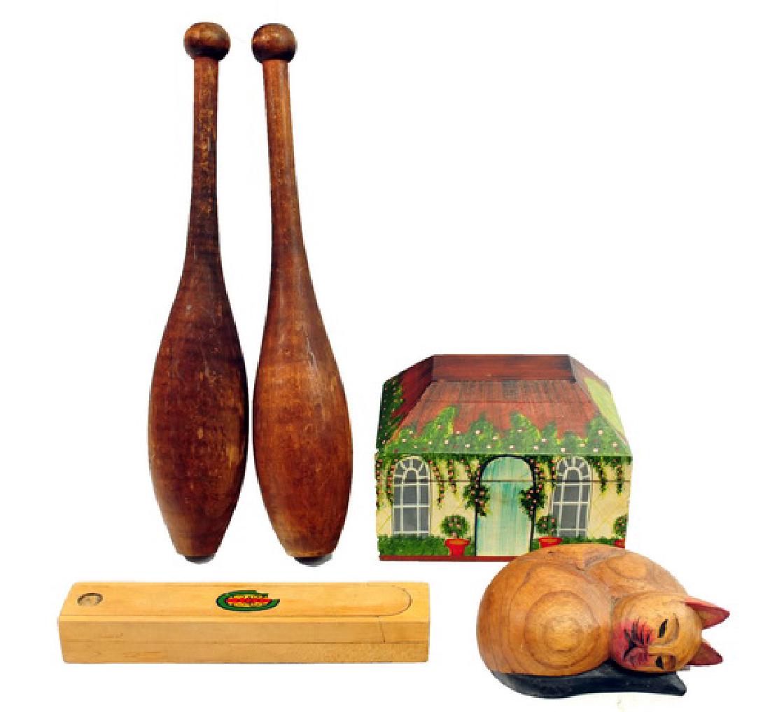 5 Pieces of Vintage Maine Folk Art: Hand Painted Art Box House with Brass Hinges made of Hardwood, Pair of Indian Clubs/Bowling Style Pins old patina, Old School Pencil Box and carved sleeping cat