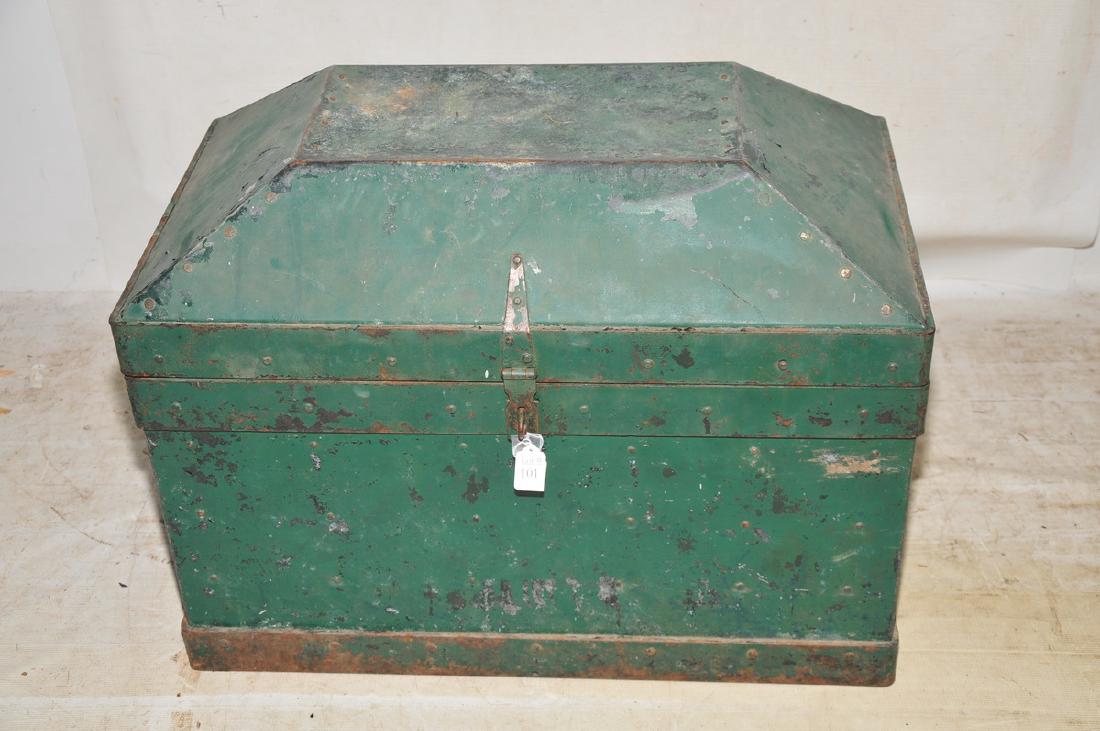 Antique Tin And Steel Tool Box In Old Green Paint: 30x17x21