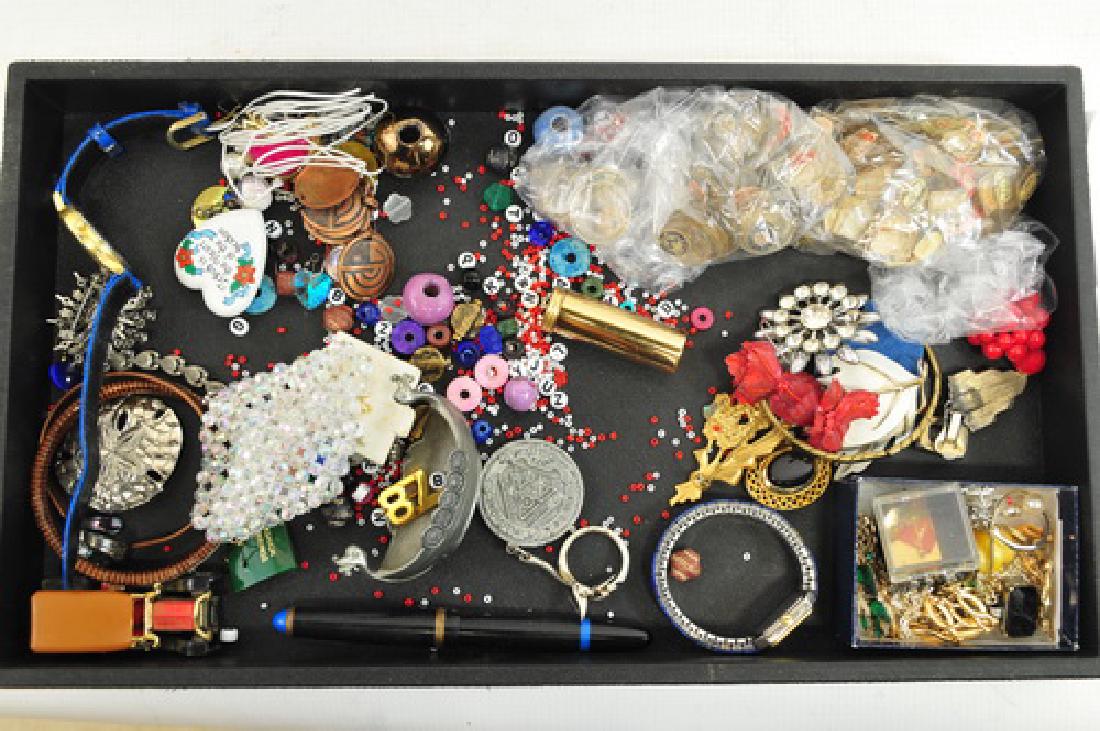 Two Boxes of Vintage Costume Jewelry: Including Decorative Boxes, Mirror and Brush, small clock, watches, belt buckle and more