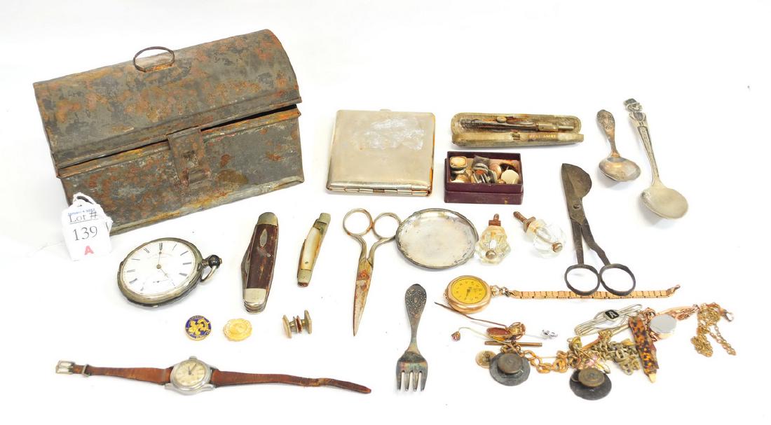 Estate Jewelry/Watches/Pocket Watch/Knives: Lutz Freres Railroad Time Keeper, WWII Military Collar Insignia, Gold Filled Waltham Watch, Gold Filled Ladies Bulova Wrist Watch, Pocket Knives, Antique Hat pins/stick pins, spoons and more