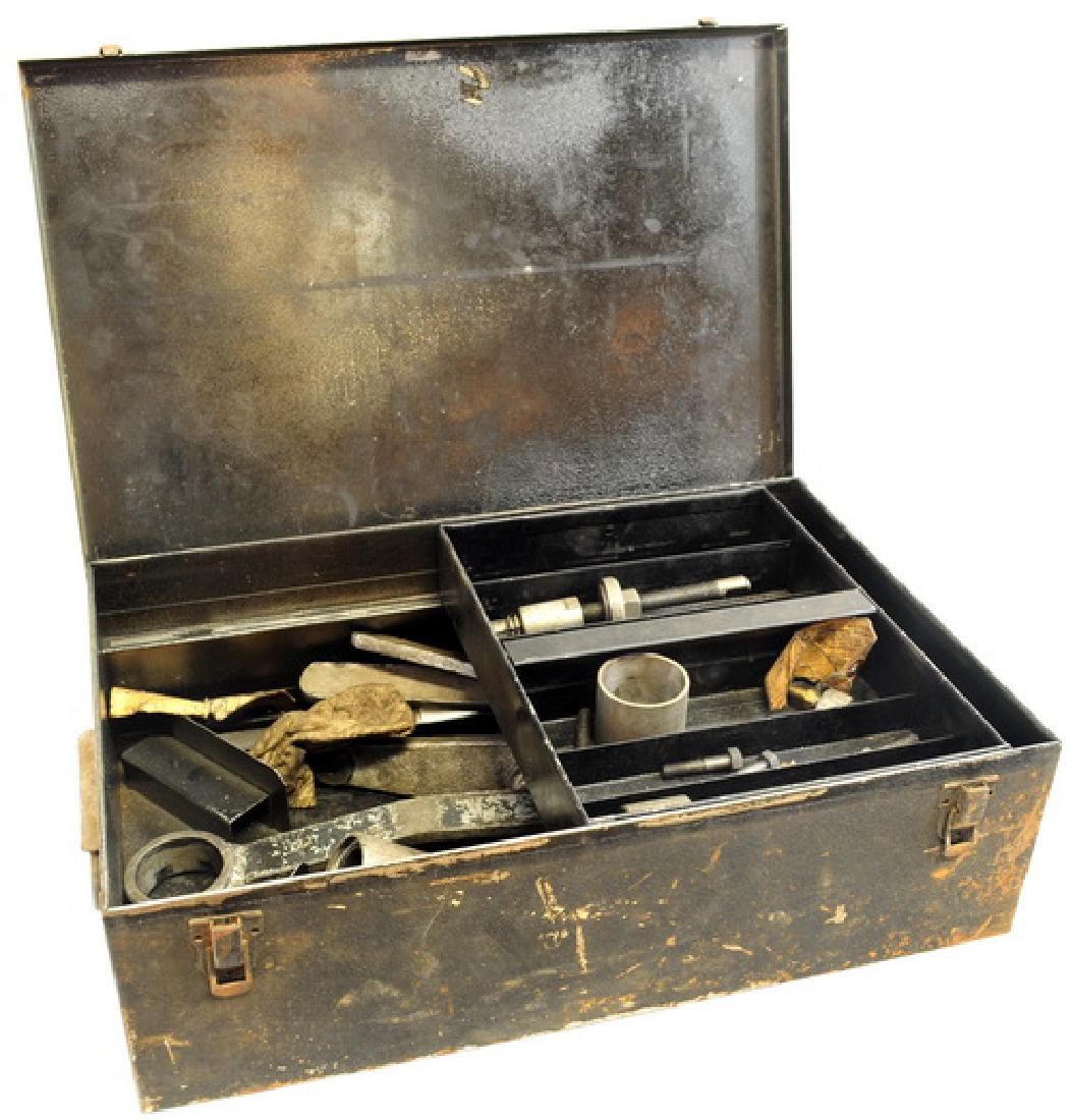 Two Antique Tool Boxes Filled With Tools: One Wooden 25" lift top, one metal with large wrenches 19"