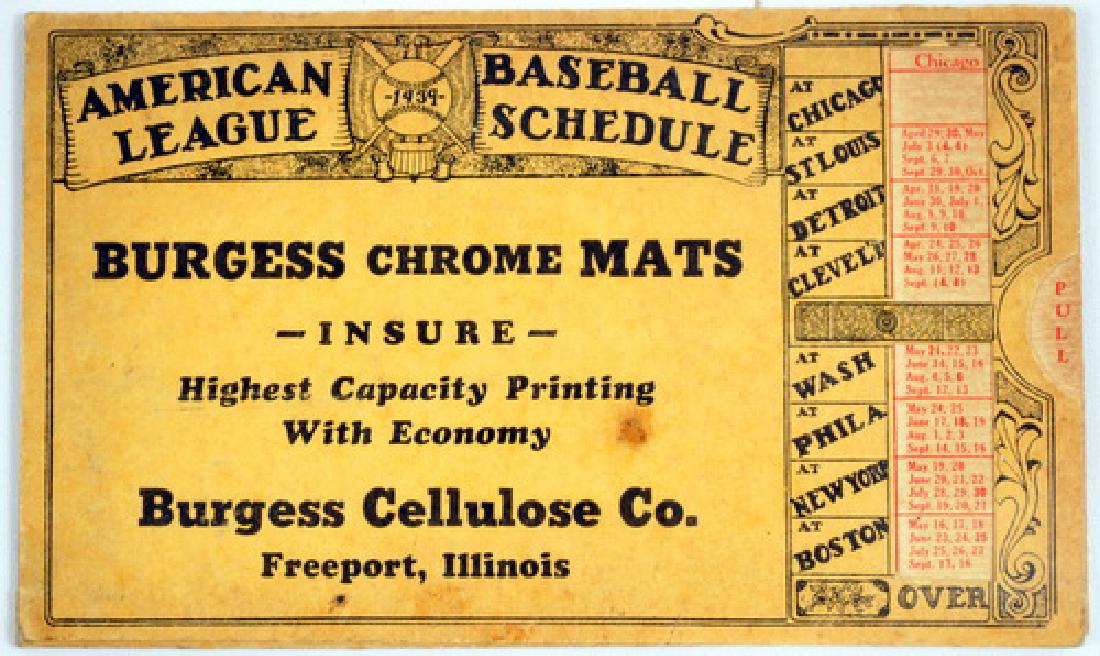 1939 Burgess Chrome Mats Baseball Schedule: American League Schedule, Ted Williams Rookie Year