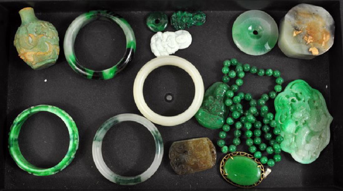 Estate Jade Jewelry, Bangles, Carved Jade: Snuff Bottle, stamp, carved jade, necklace