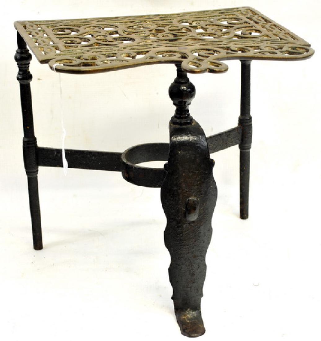 Antique Brass Heart Trivet Stand: Measures 13" High, Wrought Iron And Brass