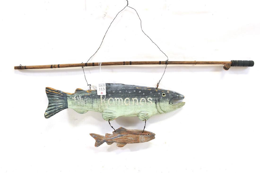 Vintage Maine Folk Art Fishing Camp Sign: Ramanos" from Rangeley Lakes Area , carved fish and fishing pole, 29