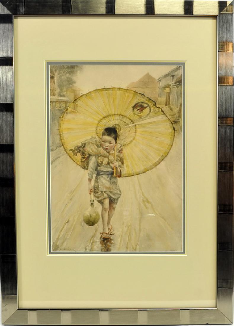 Offset Print by Charles Dater Weldon: (1855-1935), Oriental Child with Umbrella, Nice frame, 21" X 30" includes frame