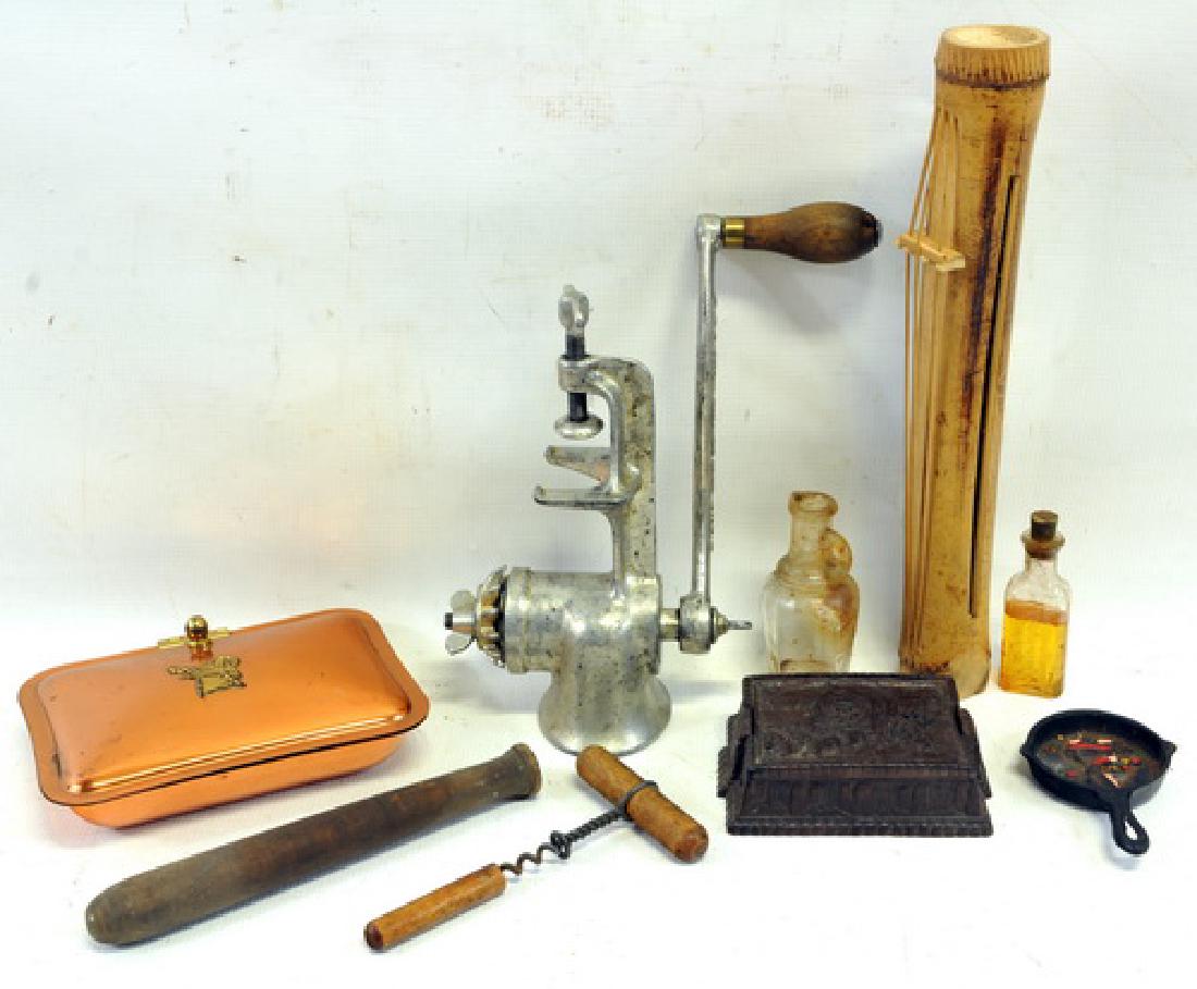 Misc. lot of smalls found in a Maine Estate: to include: small bottles, Swiss made stopwatch, small doll, tin boxes and ect,