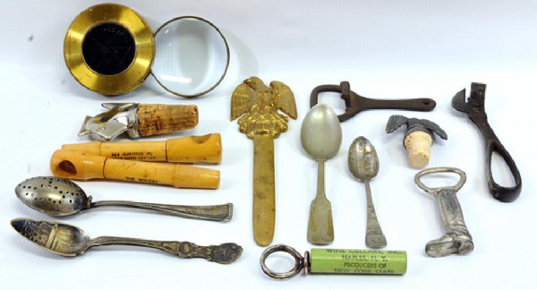 Bottle Stoppers/Letter Openers/Sppons: Vintage bottle stoppers, Magnifying glass, Bottle openers, Brass letter opener, and 4 spoons Crown Silver Plate Co.- Nevada Silver Metal - E & JB _ Arthur A Everts Co. Dallas