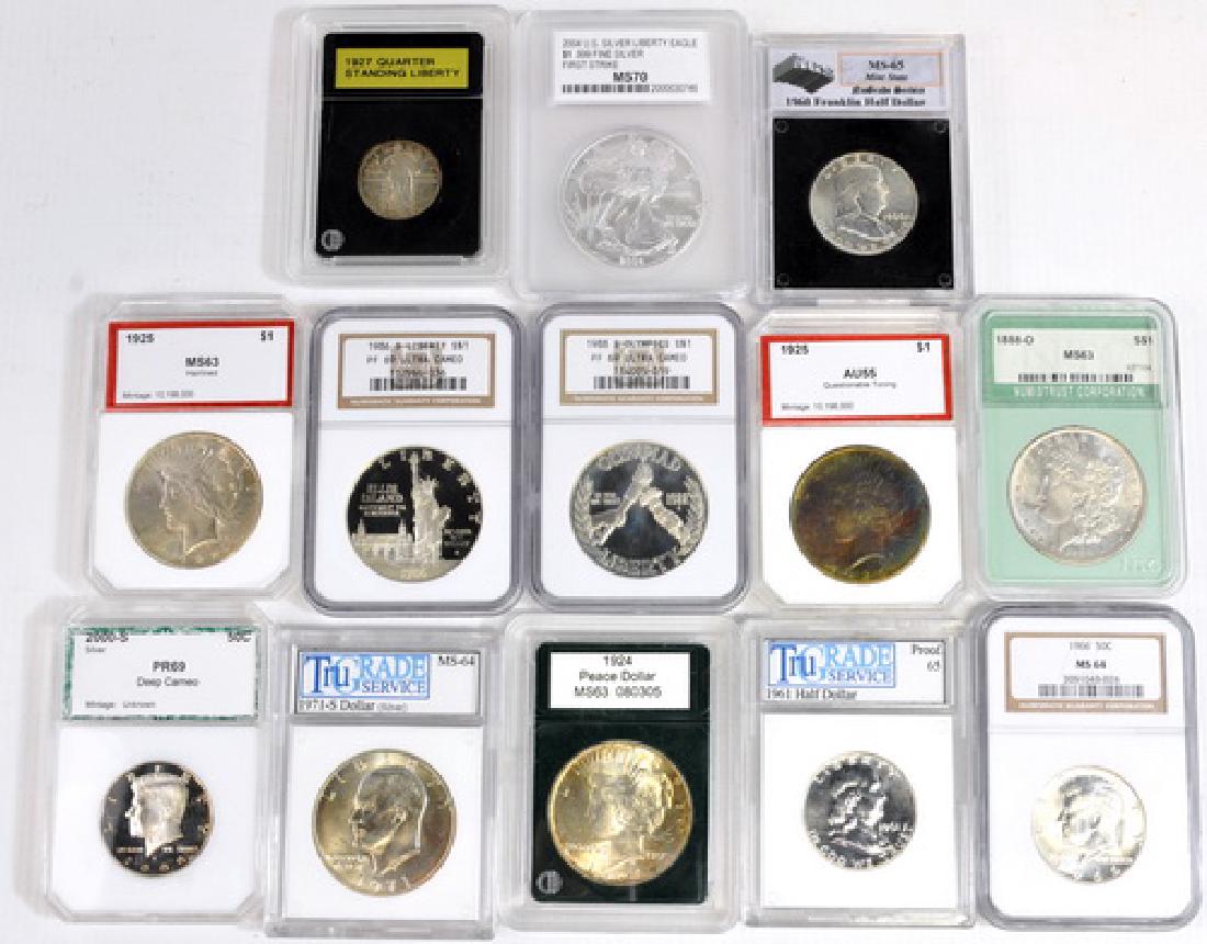 US Graded and Ungraded Coins: Morgan Dollar 1888-O, Peace Dollar 1925,1924, Silver Eagles, Ike Dollar, Franklin Halves, Silver Commemoratives