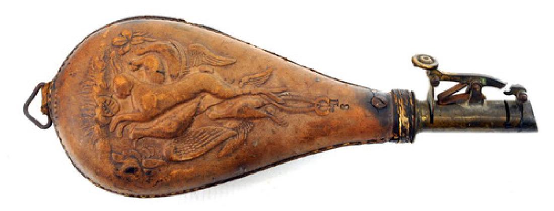 Antique Leather Covered Powder Flask: Decorated With Birds And Rabbits, Marked 3 Lbs.measures 9" Brass Functioning Spout
