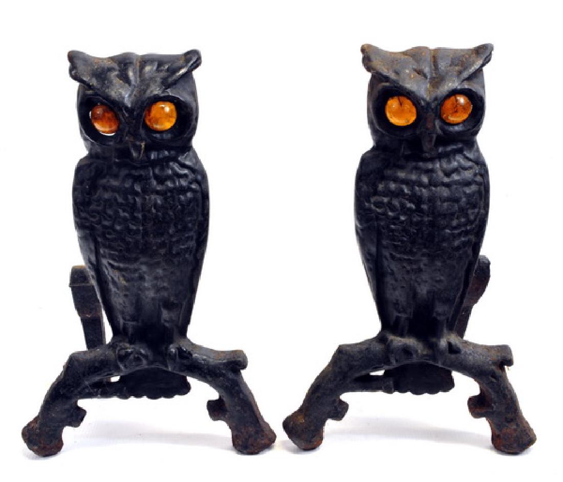 Antique Owl Andirons: Glass Eyes Early 20th Century 13"