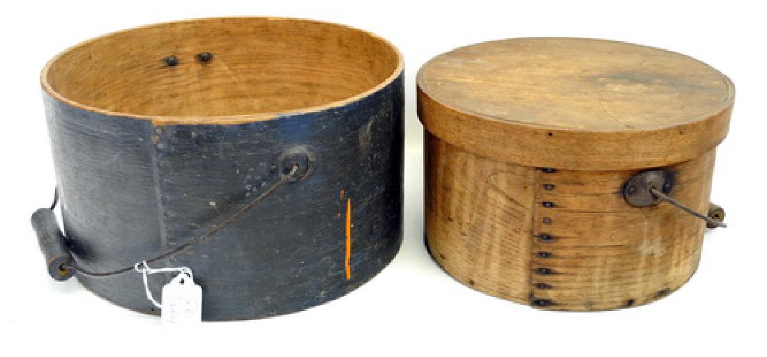 Four Antique Grain Measures/berry Boxes: Largest Is Bail Handled 11" In Old Paint, One Berry Bucket Has Paper Label