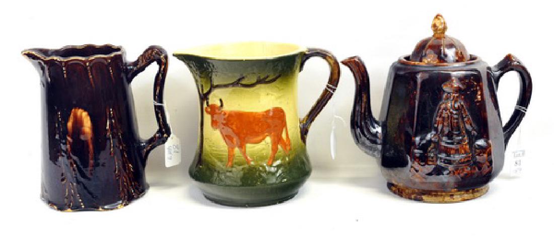 9 Antique Primitive Pitchers/mugs: Salt Glazed Including Roseville Cow, Dark Brown Likely Bennington And More