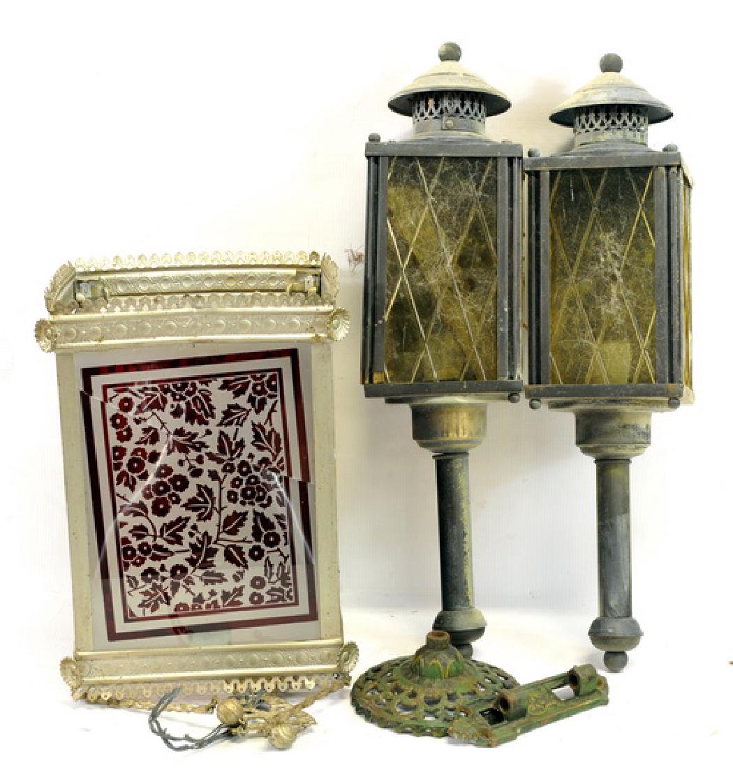 Three Boxes Of Antique Lighting: Carriage Lamps, Frosted Cranberry Hall Light (cracked Glass) Oil Lamps, Cast Iron Lamp