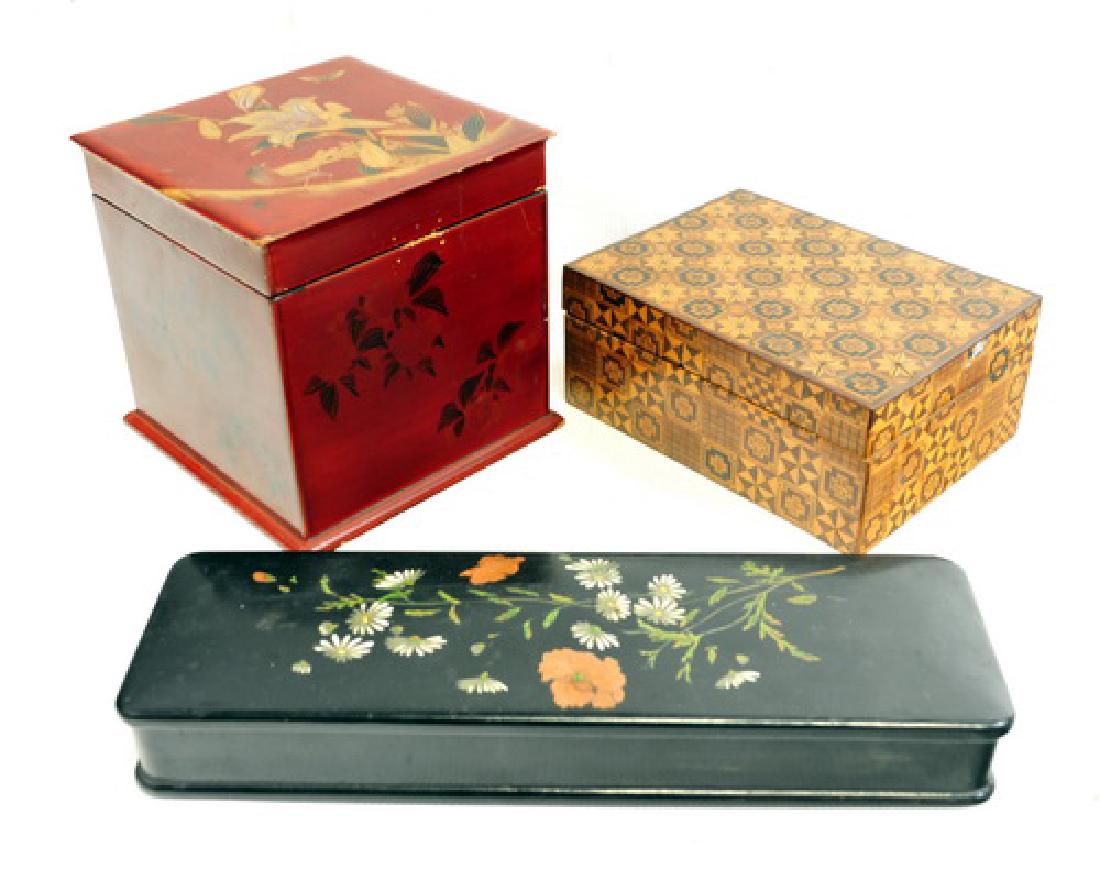 Antique estate Decorative Boxes: Inlay, Tin, Laquer, Maine Estate Fresh