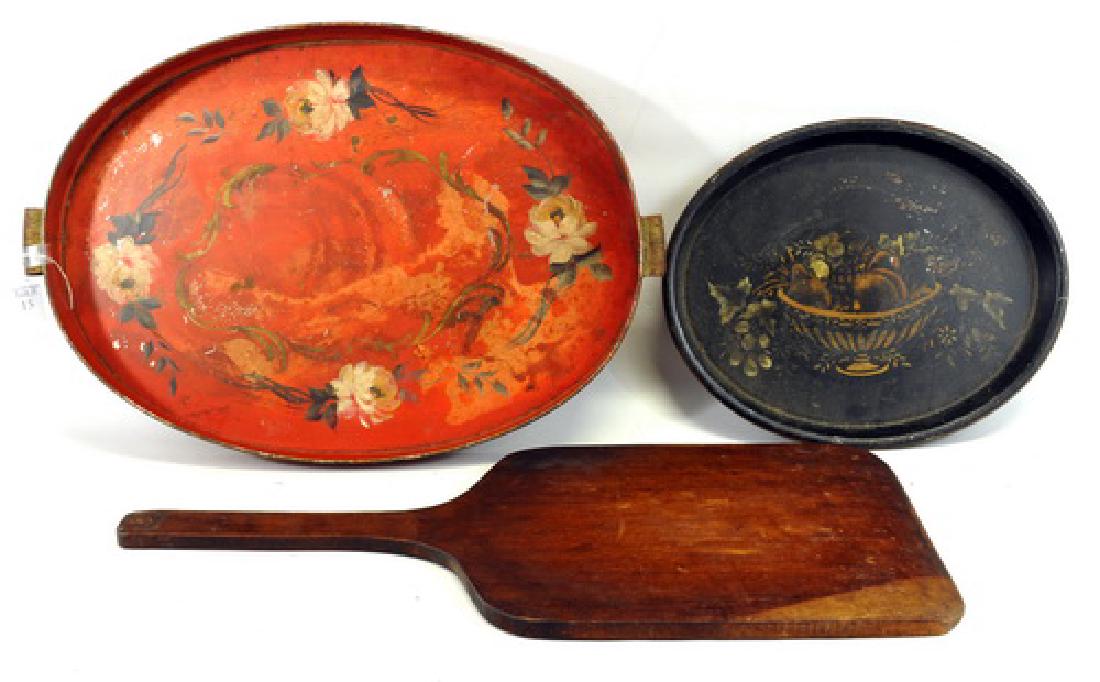 Estate Primitive Items/tableware: Tin Tole Painted Wall Box, Rug Beater, Bread Board, Tole Trays