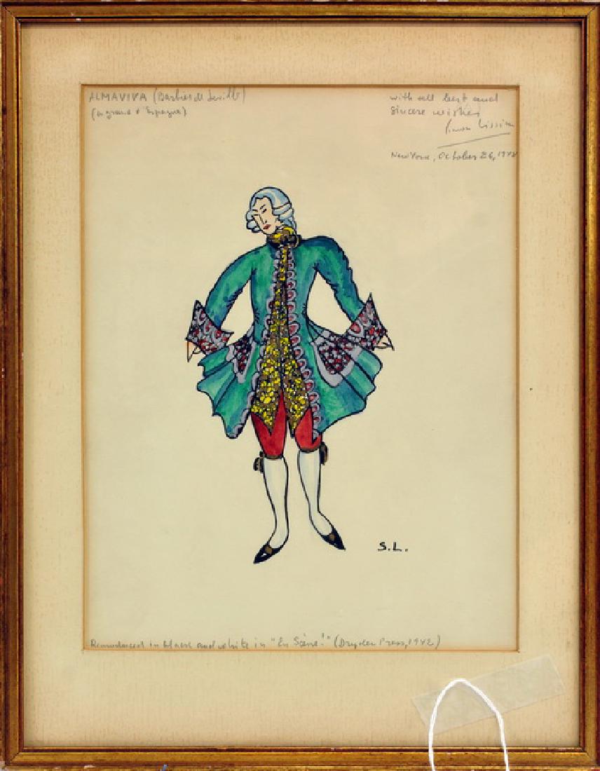Simon Lissin Costume Watercolor: Signed October 26 1948 French Costume Watercolor Almaviva, Measures 10"x8"
