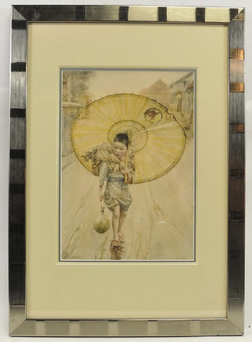 Offset Print by Charles Dater Weldon: (1855-1935), Oriental Child with Umbrella, Nice Frame, 21" X 30" Includes Frame